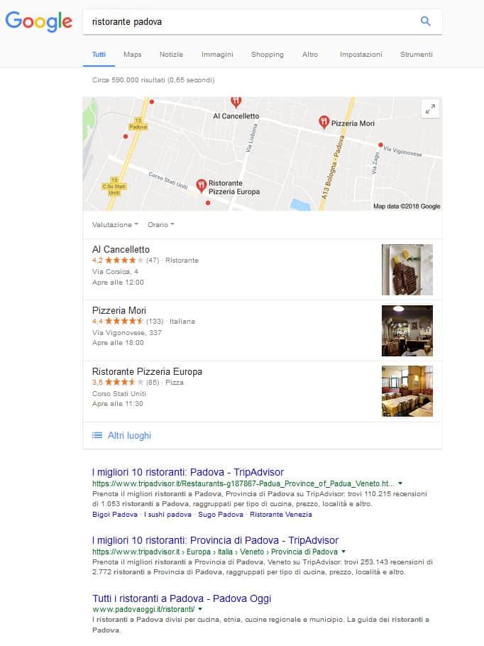 Risultati organici Google ristorante Padova