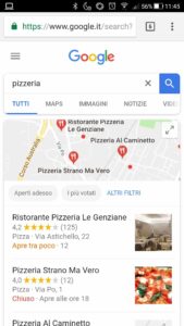 Risultati pizzeria su Google da mobile