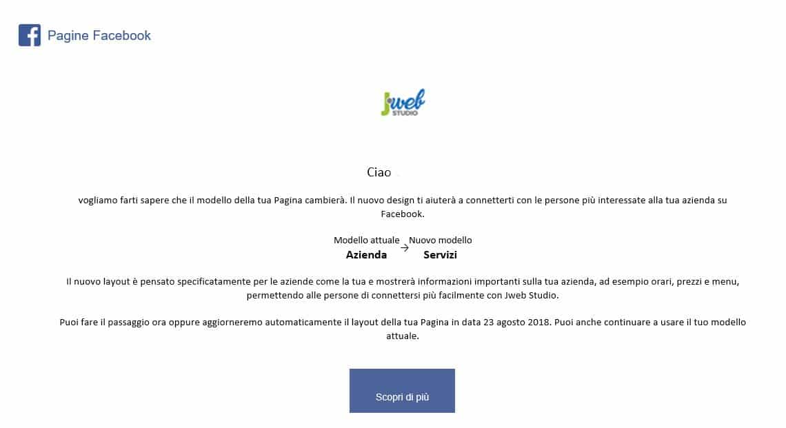 nuovo layout facebook pagine business