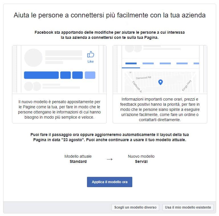 nuovo modello facebook pagine aziende