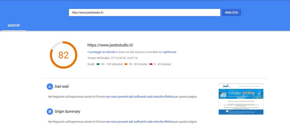 Analisi velocità del sito con PageSpeed