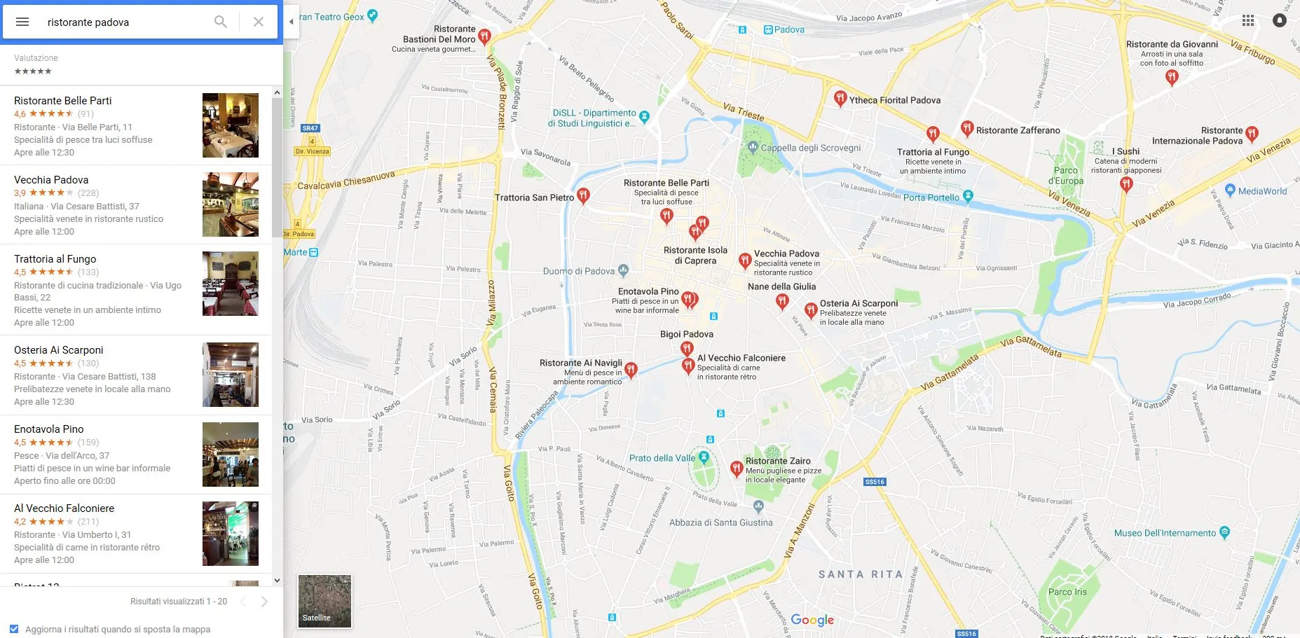 Risultati Google Maps ristoranti Padova