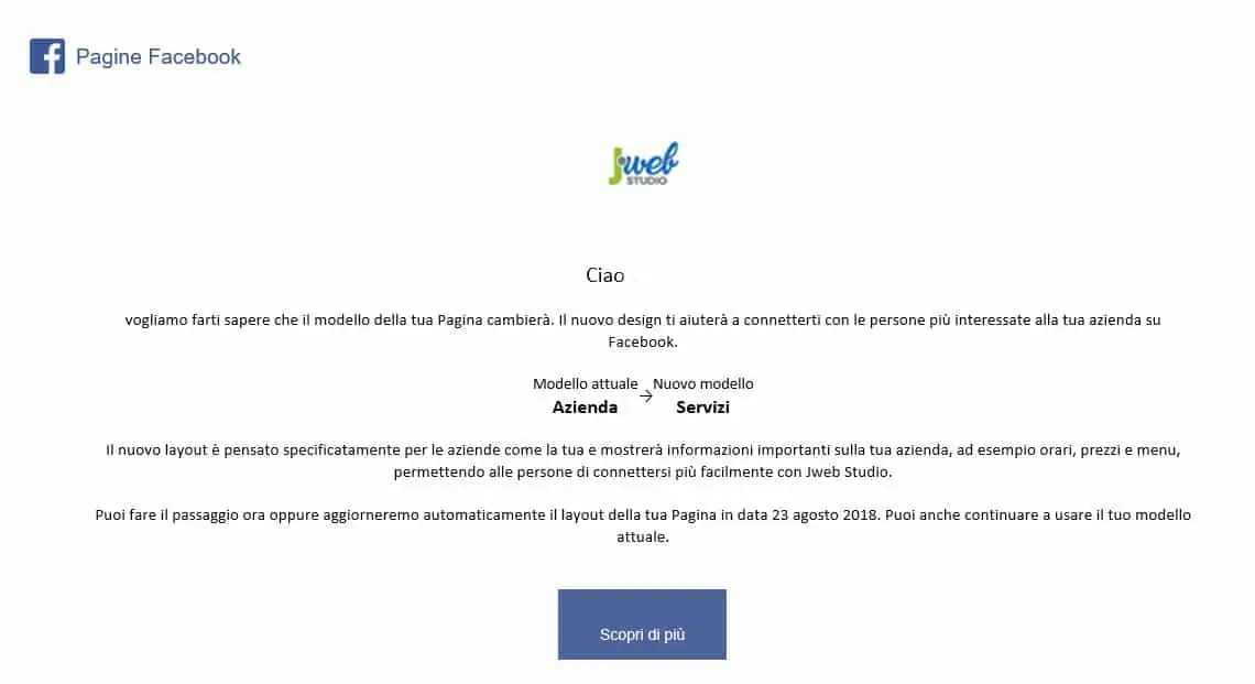 nuovo layout facebook pagine business